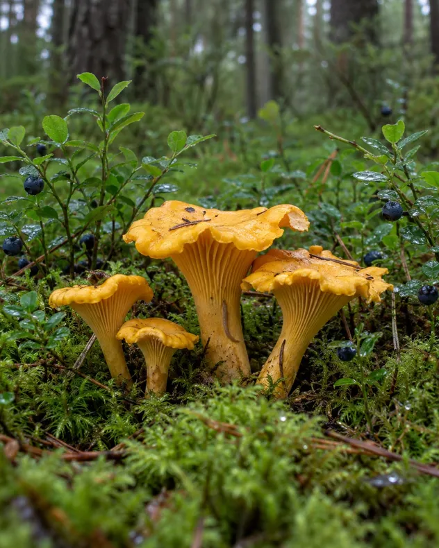 Kantarelleja sammaleessa mustikanvarpujen keskellä