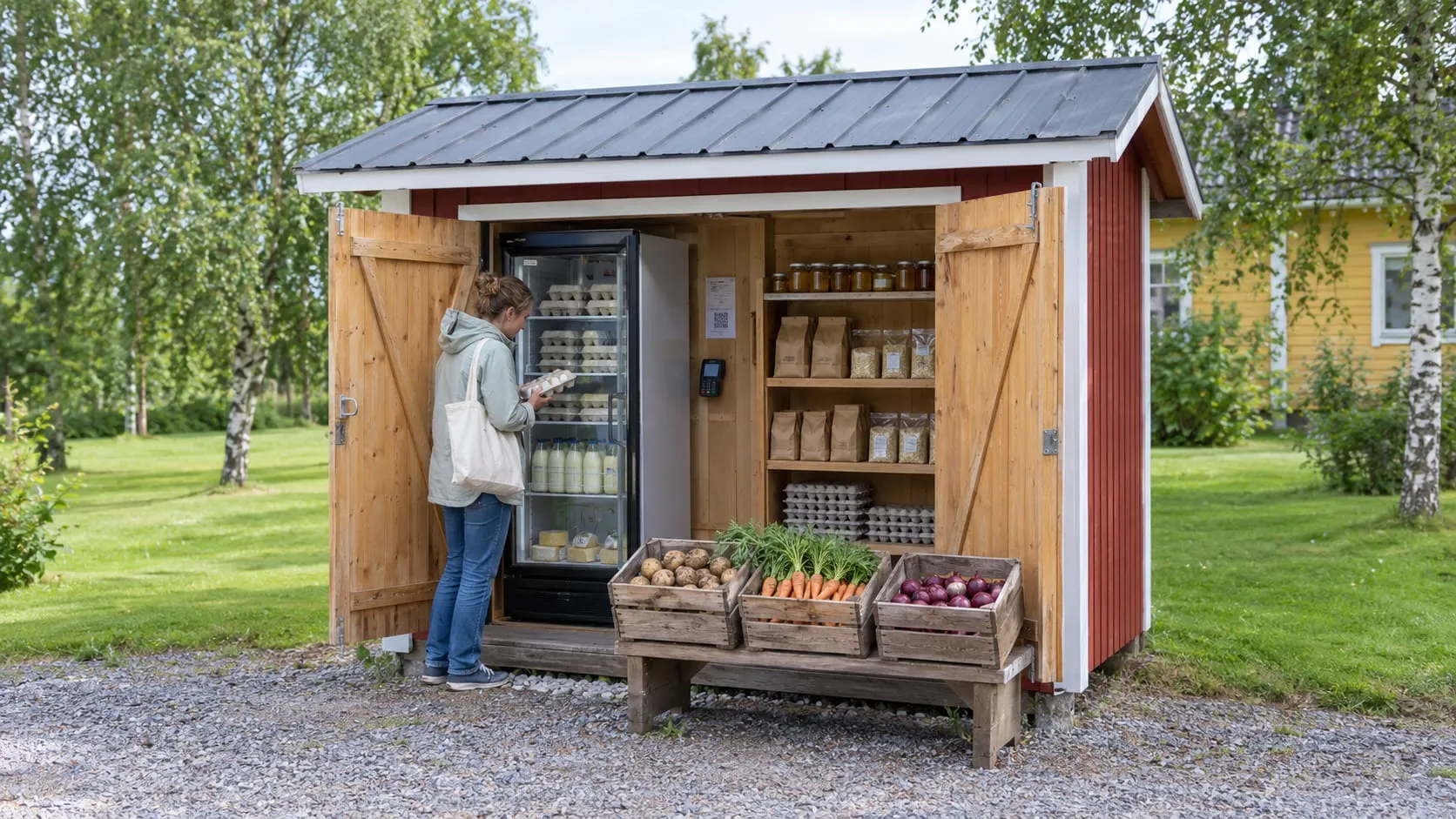 Asiakas ottaa kananmunakennon jääkaapista punaisessa itsepalvelukojussa pihapiirissä, hyllyillä hunajapurkkeja ja jauhopusseja, edessä laatikoissa perunoita, porkkanoita ja punasipuleita