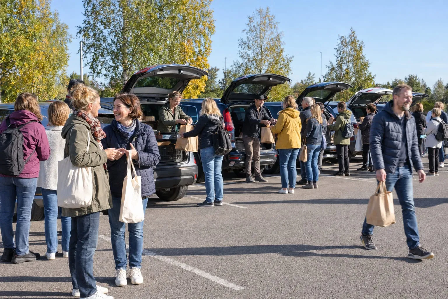 Syksyinen REKO-jako aurinkoisella parkkipaikalla: tuottajat ojentavat paperikasseja takaluukuilta, ostajat juttelevat ja kantavat kasseja