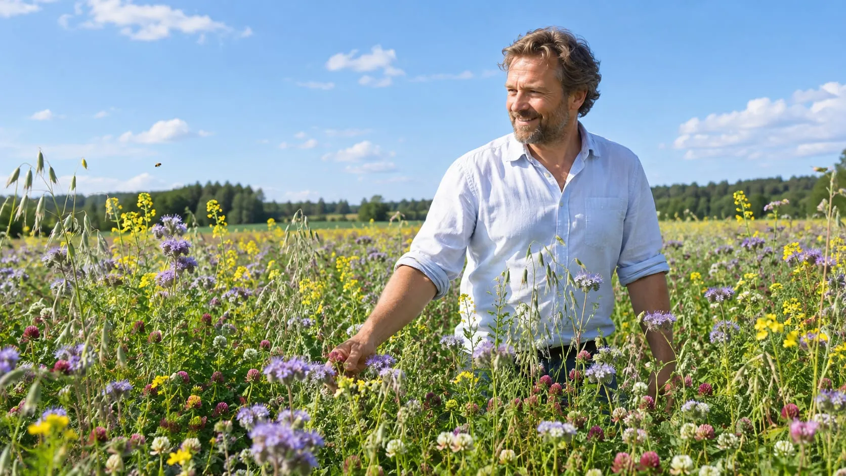 Viljelijä seisoo hymyillen kukkivan monilajisen kasvuston keskellä aurinkoisena kesäpäivänä