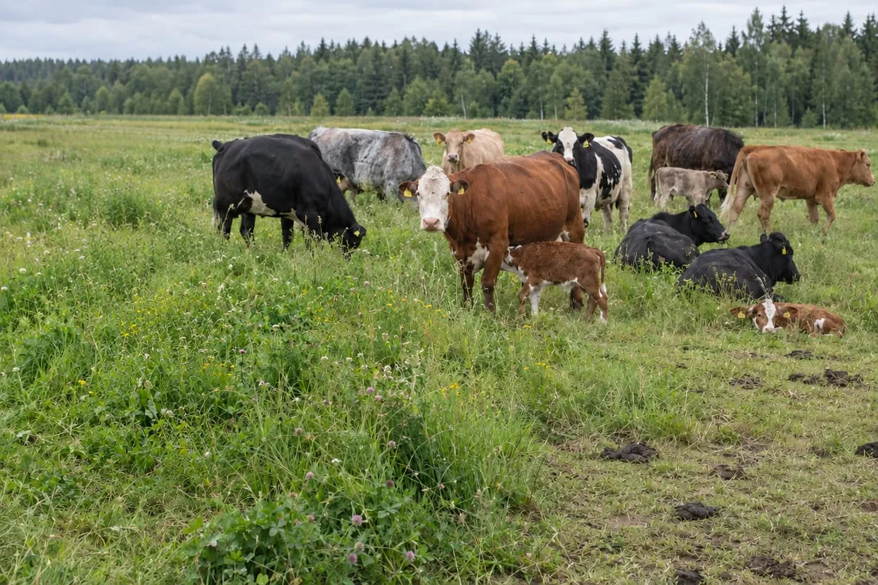 Mustia ja ruskeita lehmiä vasikoineen laitumella, taustalla metsää