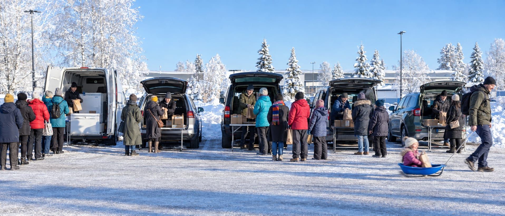 Aurinkoinen talvinen REKO-jako: ostajat jonottavat vierekkäin pysäköityjen autojen avoimille takaluukuille, ja isä vetää pulkassa istuvaa lasta